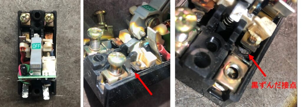 故障した漏電ブレーカーの内部